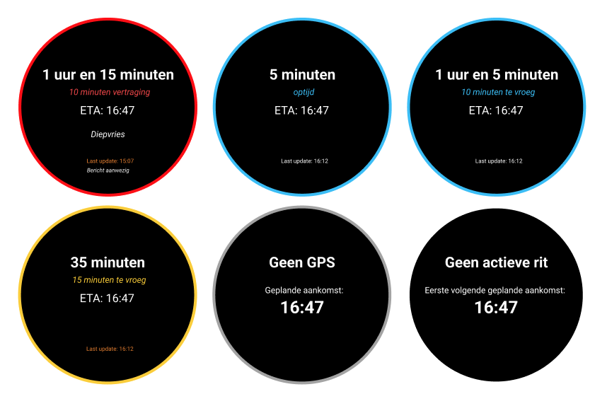 Voorbeelden van de wearos schermen van de truckwatch app